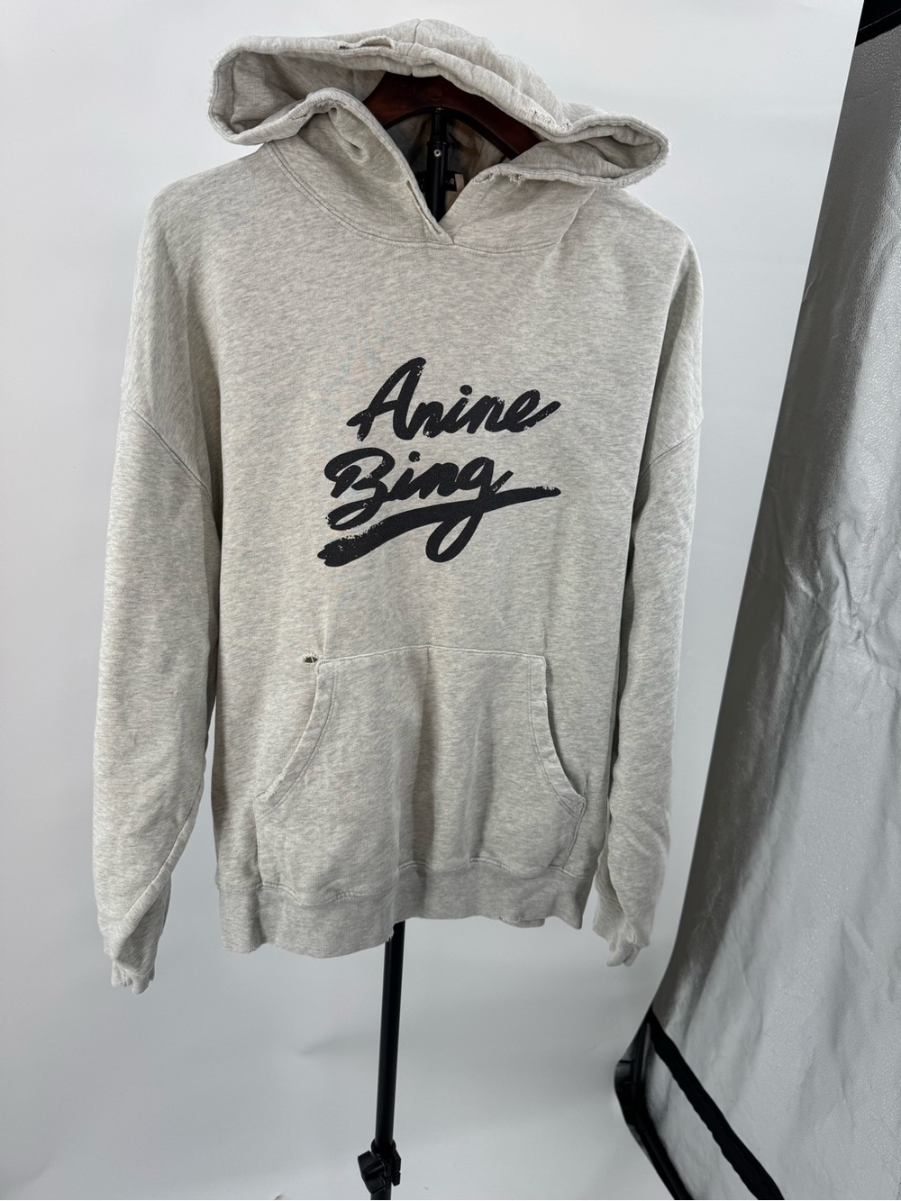 Anine Bing Light Gray Script Logo Hoodie